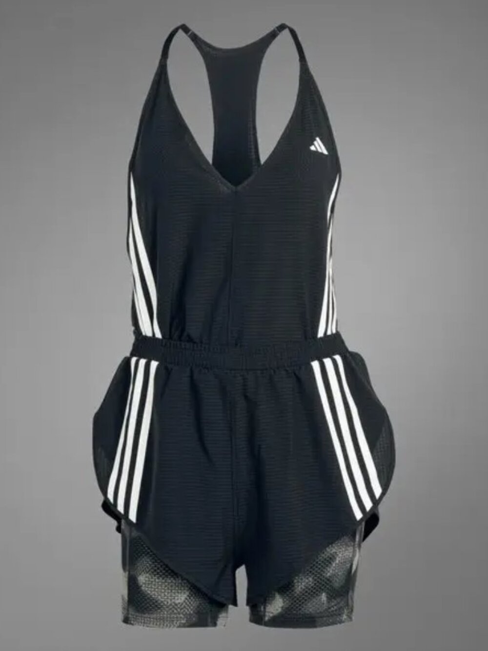 Adidas Own The Run 3-Stripes Allover Print Runsie Medium Black White Romper